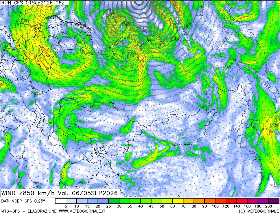 mappa 850 hPa Vento forza e direzione