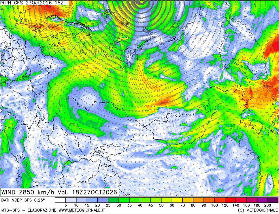 mappa 850 hPa Vento forza e direzione