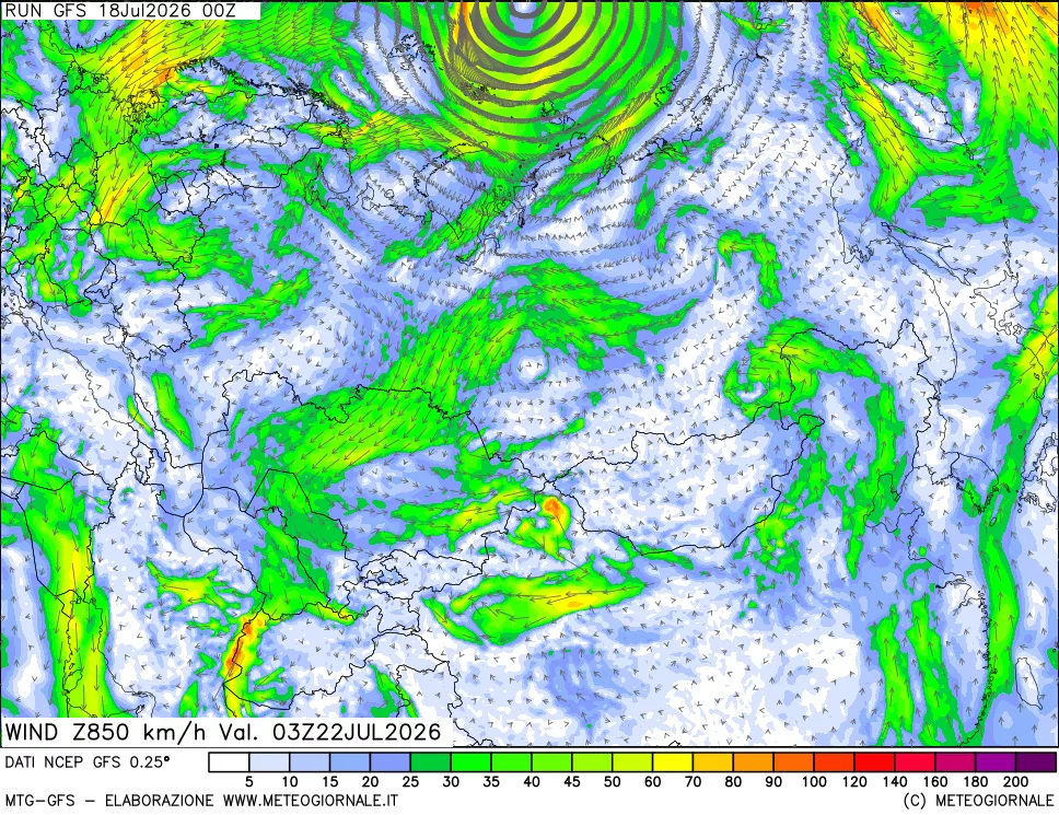 mappa 850 hPa Vento forza e direzione