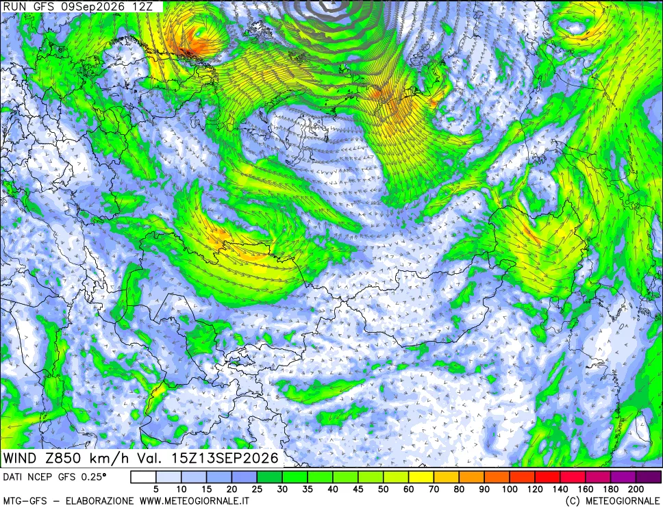 mappa 850 hPa Vento forza e direzione