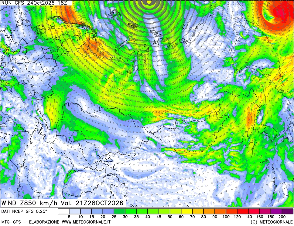 mappa 850 hPa Vento forza e direzione