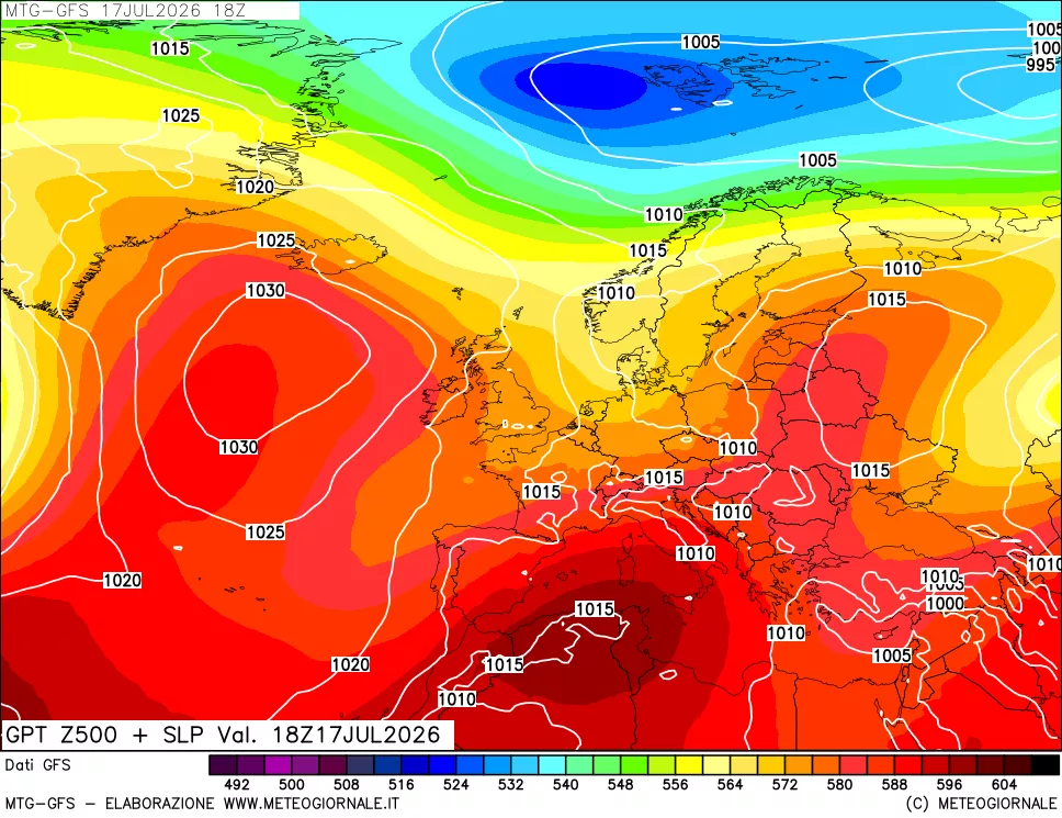 mappa GFS: Geopotenziale a 500 hPa + Pressione sul livello del mare