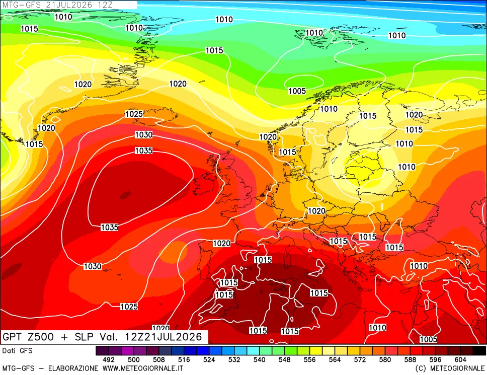 mappa GFS: Geopotenziale a 500 hPa + Pressione sul livello del mare
