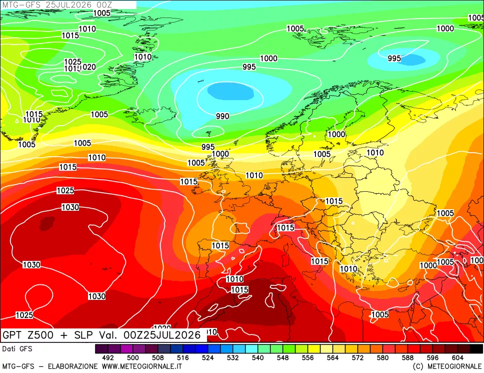 mappa GFS: Geopotenziale a 500 hPa + Pressione sul livello del mare