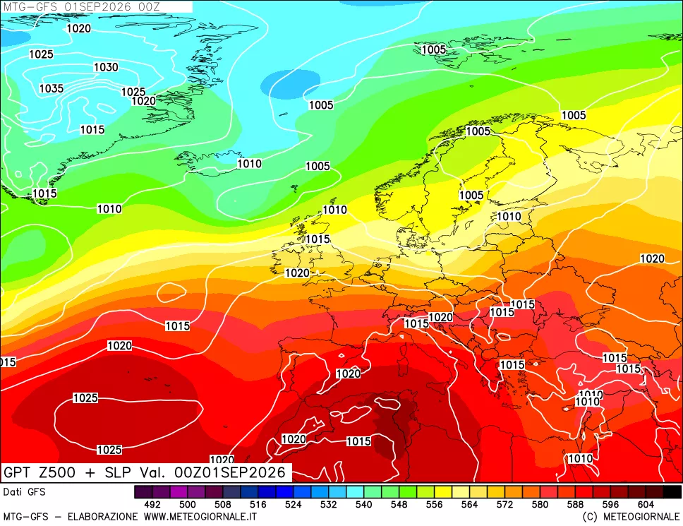mappa GFS: Geopotenziale a 500 hPa + Pressione sul livello del mare