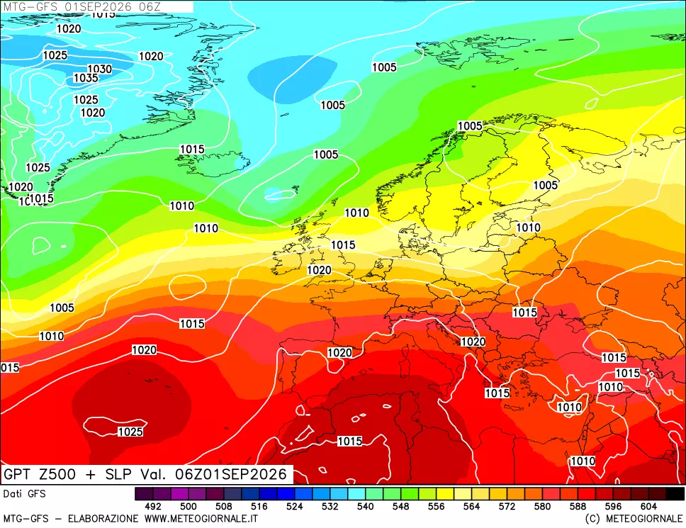 mappa GFS: Geopotenziale a 500 hPa + Pressione sul livello del mare