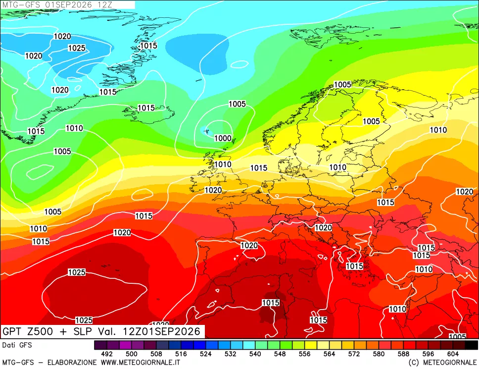 mappa GFS: Geopotenziale a 500 hPa + Pressione sul livello del mare