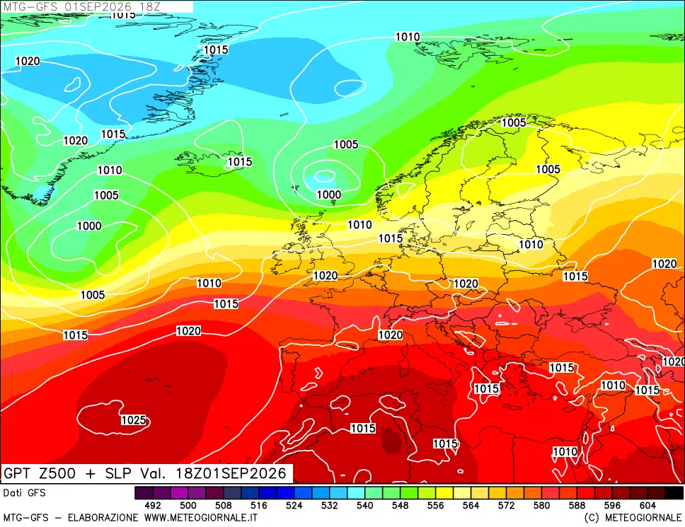 mappa GFS: Geopotenziale a 500 hPa + Pressione sul livello del mare