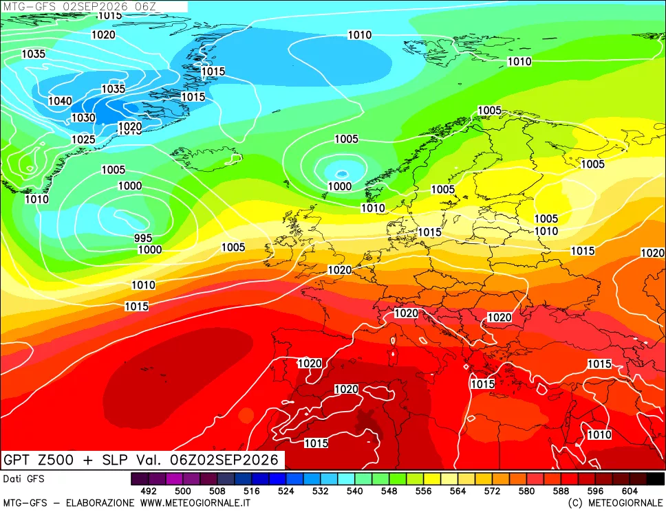 mappa GFS: Geopotenziale a 500 hPa + Pressione sul livello del mare