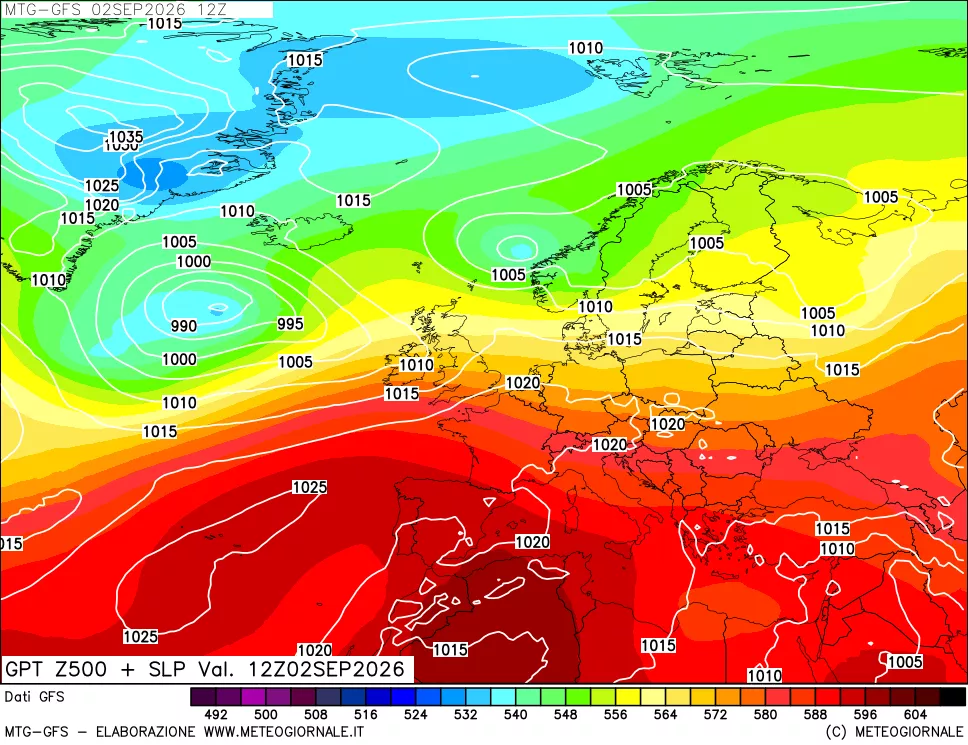 mappa GFS: Geopotenziale a 500 hPa + Pressione sul livello del mare