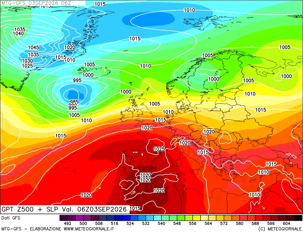 mappa GFS: Geopotenziale a 500 hPa + Pressione sul livello del mare
