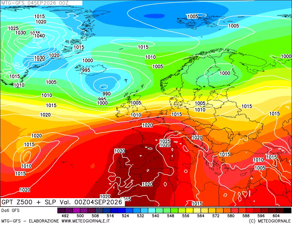 mappa GFS: Geopotenziale a 500 hPa + Pressione sul livello del mare