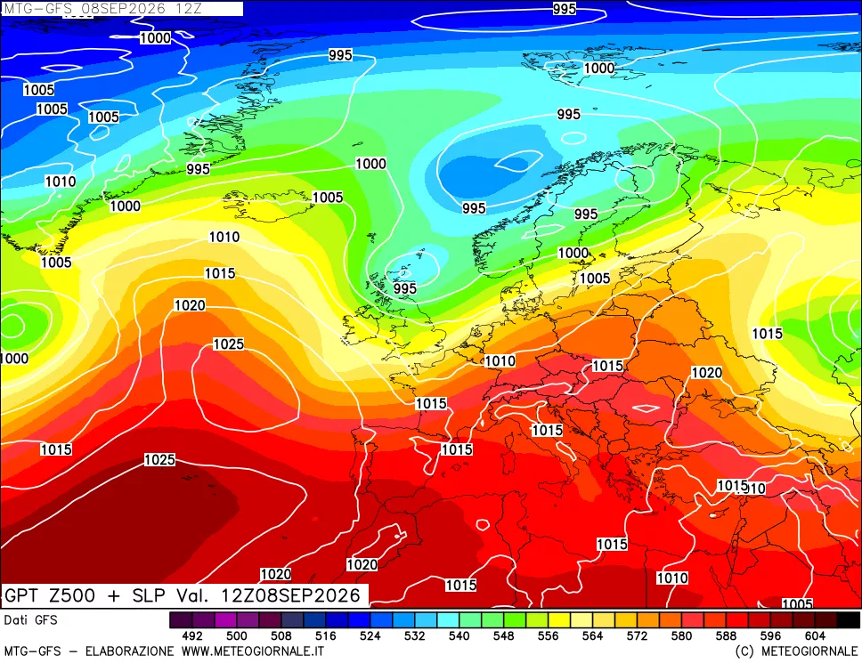 mappa GFS: Geopotenziale a 500 hPa + Pressione sul livello del mare