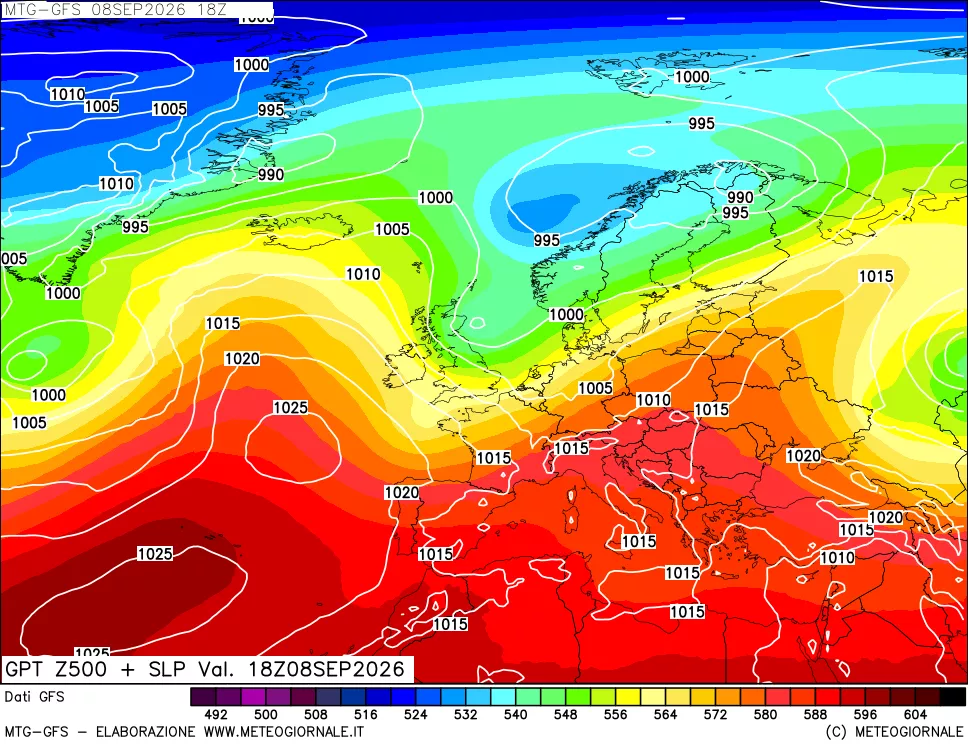mappa GFS: Geopotenziale a 500 hPa + Pressione sul livello del mare