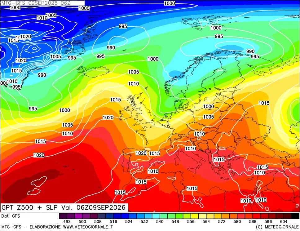 mappa GFS: Geopotenziale a 500 hPa + Pressione sul livello del mare