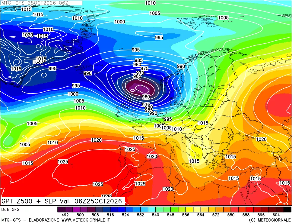 mappa GFS: Geopotenziale a 500 hPa + Pressione sul livello del mare