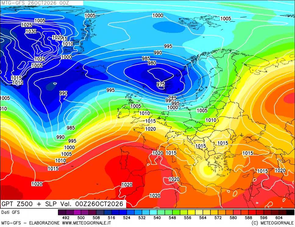 mappa GFS: Geopotenziale a 500 hPa + Pressione sul livello del mare
