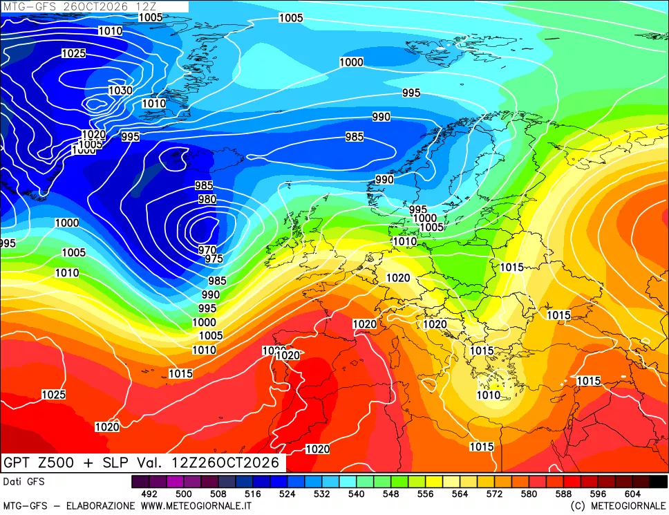 mappa GFS: Geopotenziale a 500 hPa + Pressione sul livello del mare