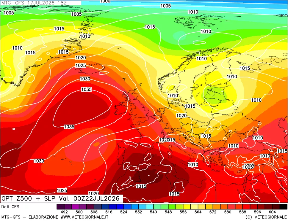 mappa GFS: Geopotenziale a 500 hPa + Pressione sul livello del mare