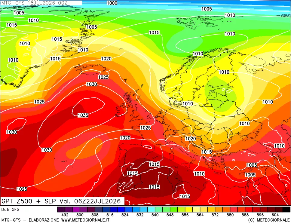 mappa GFS: Geopotenziale a 500 hPa + Pressione sul livello del mare
