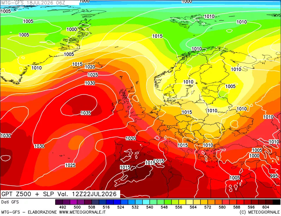 mappa GFS: Geopotenziale a 500 hPa + Pressione sul livello del mare