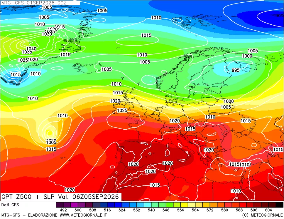 mappa GFS: Geopotenziale a 500 hPa + Pressione sul livello del mare