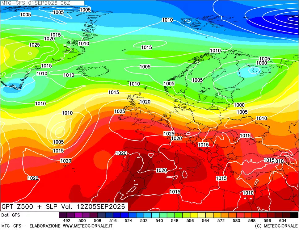 mappa GFS: Geopotenziale a 500 hPa + Pressione sul livello del mare