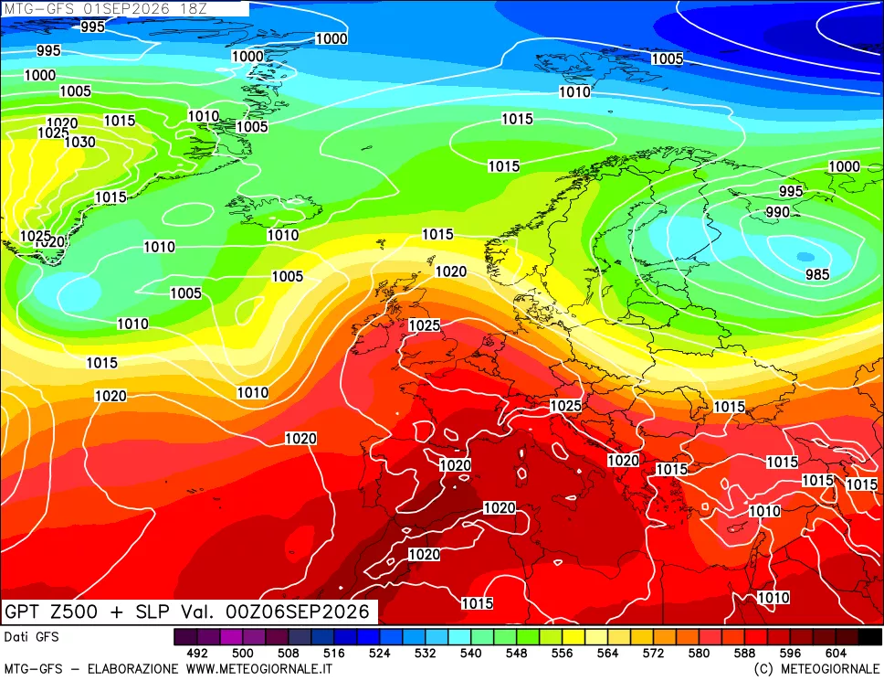 mappa GFS: Geopotenziale a 500 hPa + Pressione sul livello del mare