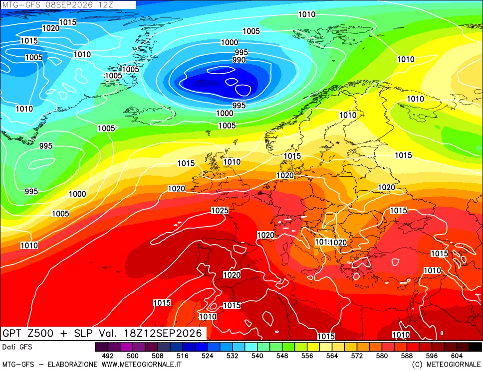 mappa GFS: Geopotenziale a 500 hPa + Pressione sul livello del mare