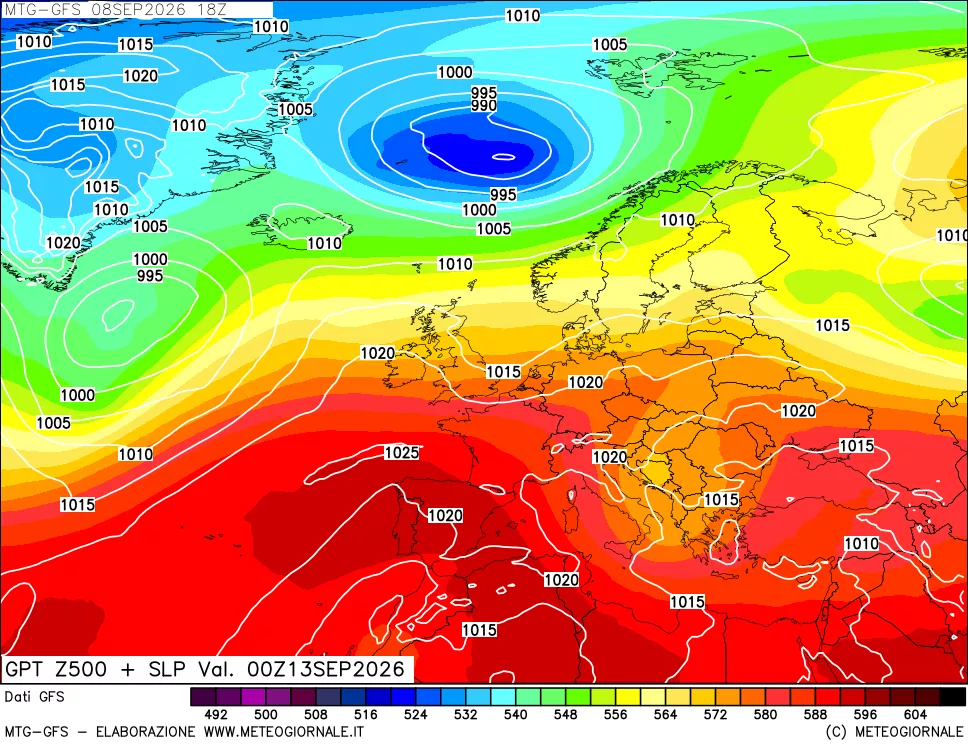 mappa GFS: Geopotenziale a 500 hPa + Pressione sul livello del mare