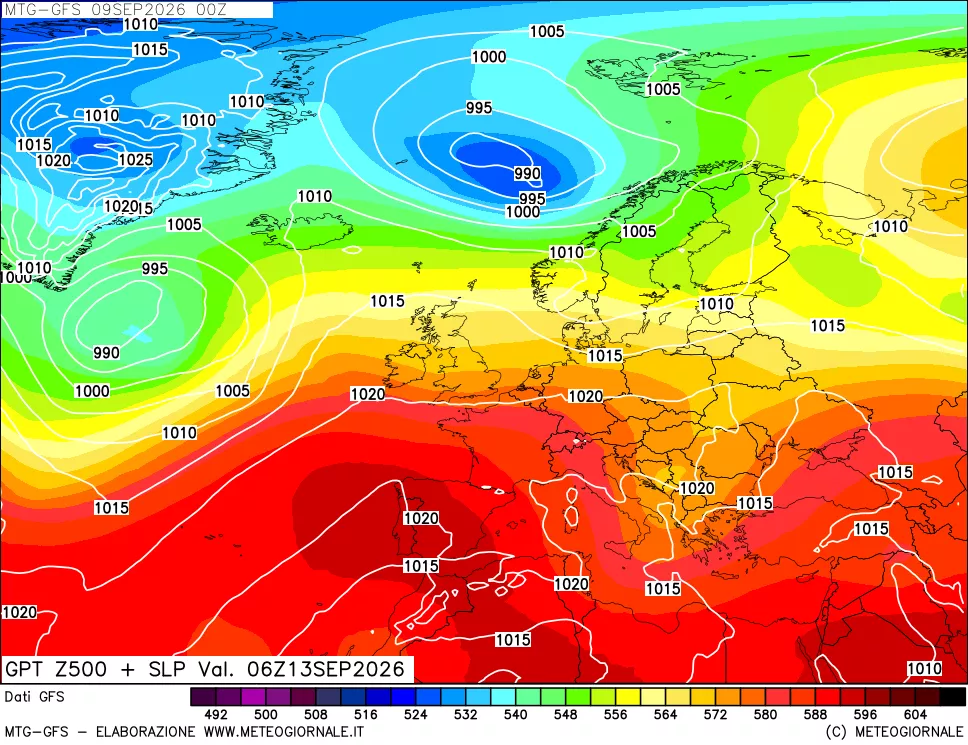mappa GFS: Geopotenziale a 500 hPa + Pressione sul livello del mare