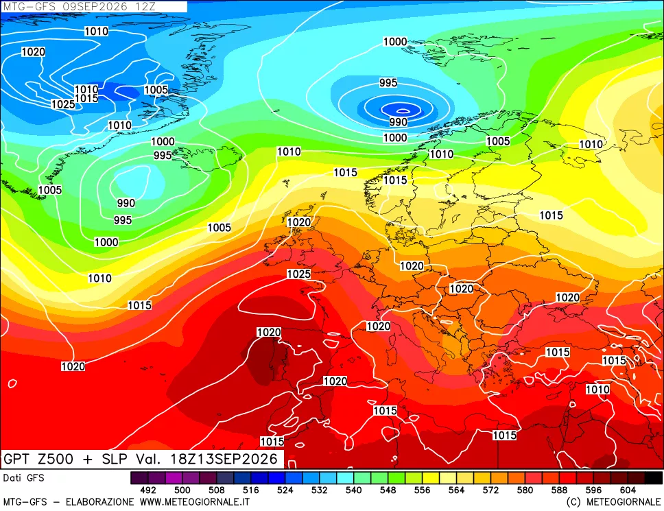 mappa GFS: Geopotenziale a 500 hPa + Pressione sul livello del mare