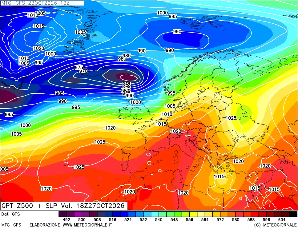 mappa GFS: Geopotenziale a 500 hPa + Pressione sul livello del mare