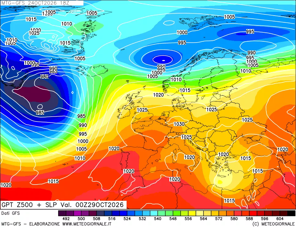 mappa GFS: Geopotenziale a 500 hPa + Pressione sul livello del mare