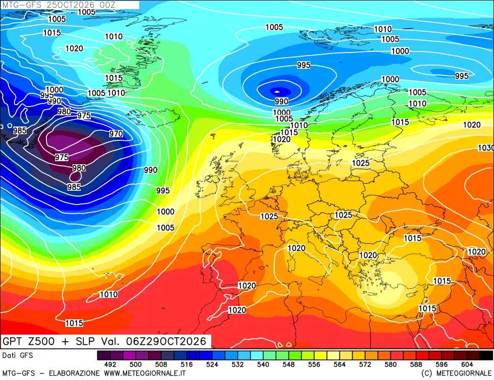 mappa GFS: Geopotenziale a 500 hPa + Pressione sul livello del mare