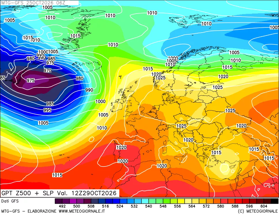 mappa GFS: Geopotenziale a 500 hPa + Pressione sul livello del mare