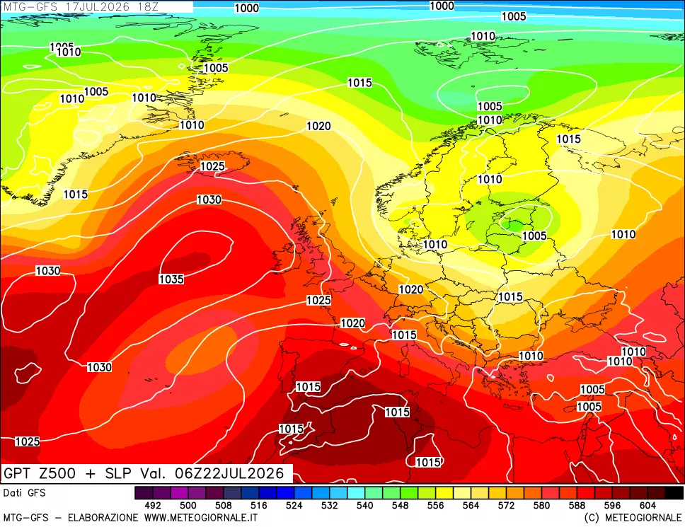 mappa GFS: Geopotenziale a 500 hPa + Pressione sul livello del mare