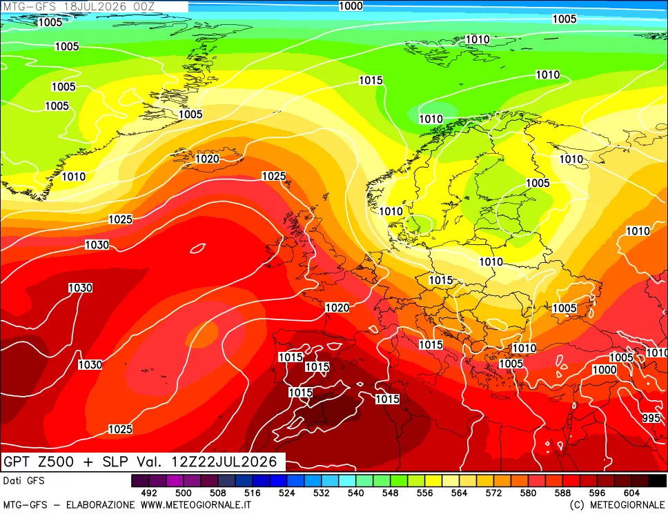 mappa GFS: Geopotenziale a 500 hPa + Pressione sul livello del mare