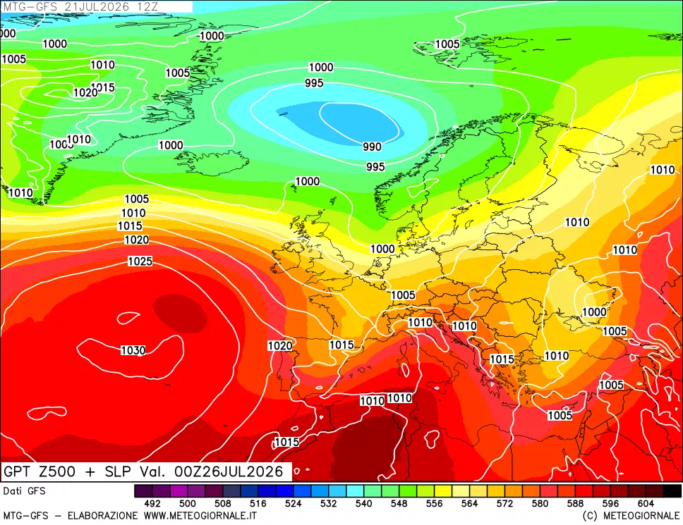 mappa GFS: Geopotenziale a 500 hPa + Pressione sul livello del mare