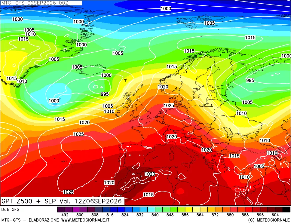 mappa GFS: Geopotenziale a 500 hPa + Pressione sul livello del mare