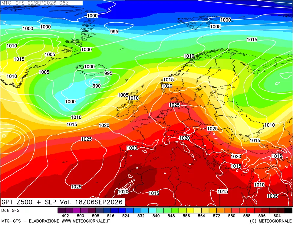 mappa GFS: Geopotenziale a 500 hPa + Pressione sul livello del mare