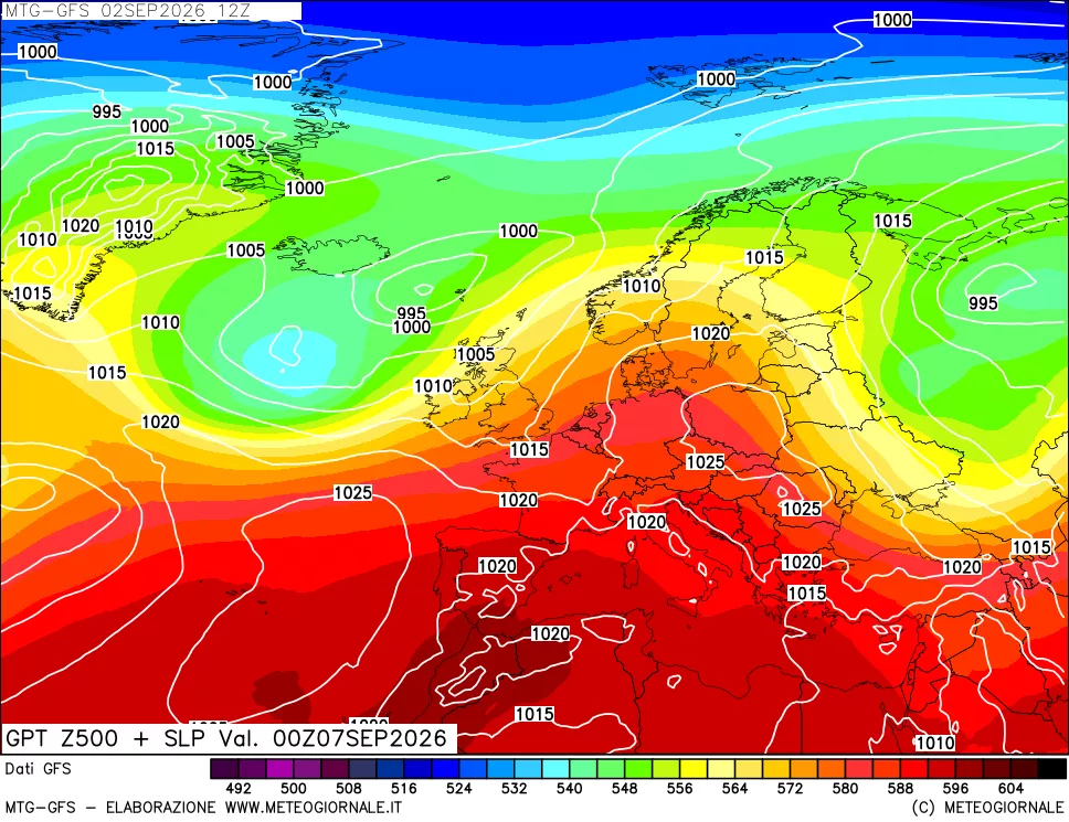 mappa GFS: Geopotenziale a 500 hPa + Pressione sul livello del mare