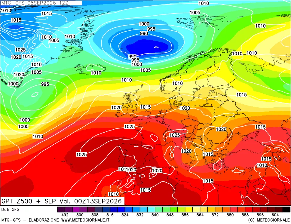 mappa GFS: Geopotenziale a 500 hPa + Pressione sul livello del mare