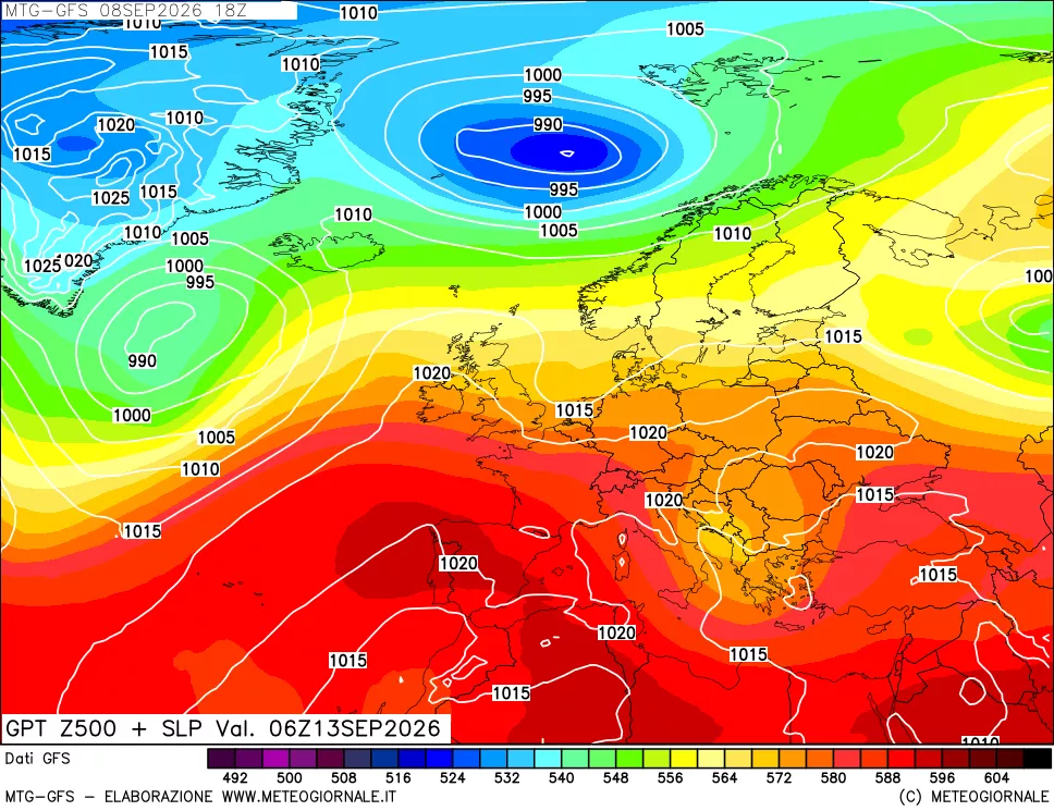 mappa GFS: Geopotenziale a 500 hPa + Pressione sul livello del mare