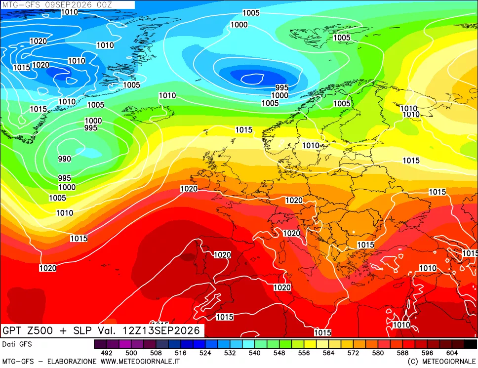 mappa GFS: Geopotenziale a 500 hPa + Pressione sul livello del mare