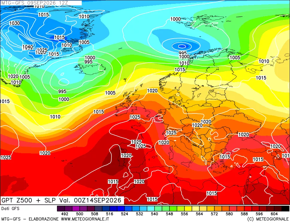 mappa GFS: Geopotenziale a 500 hPa + Pressione sul livello del mare