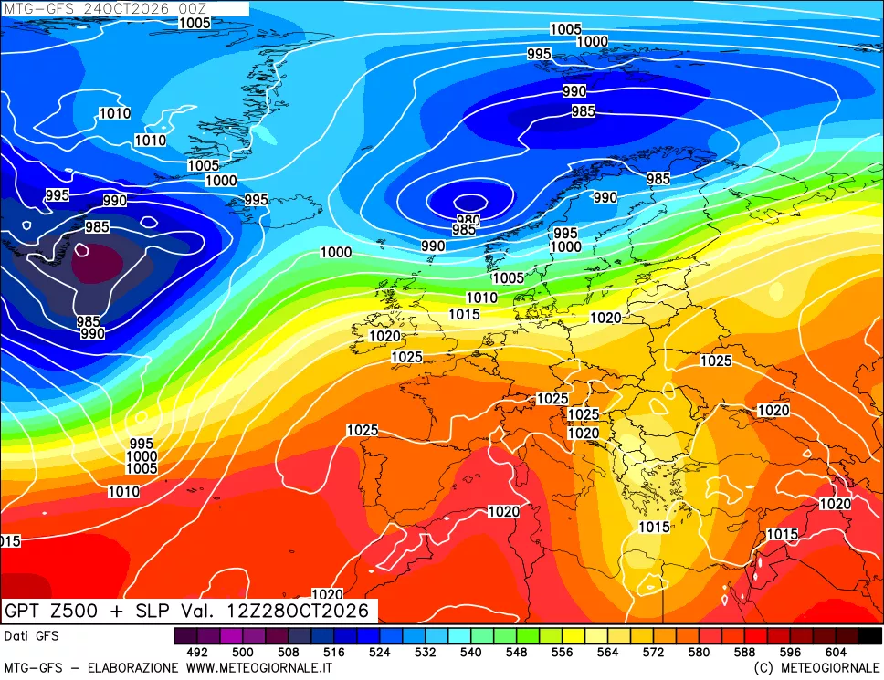 mappa GFS: Geopotenziale a 500 hPa + Pressione sul livello del mare
