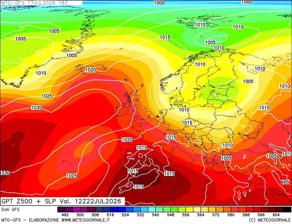mappa GFS: Geopotenziale a 500 hPa + Pressione sul livello del mare