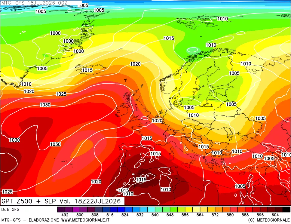 mappa GFS: Geopotenziale a 500 hPa + Pressione sul livello del mare