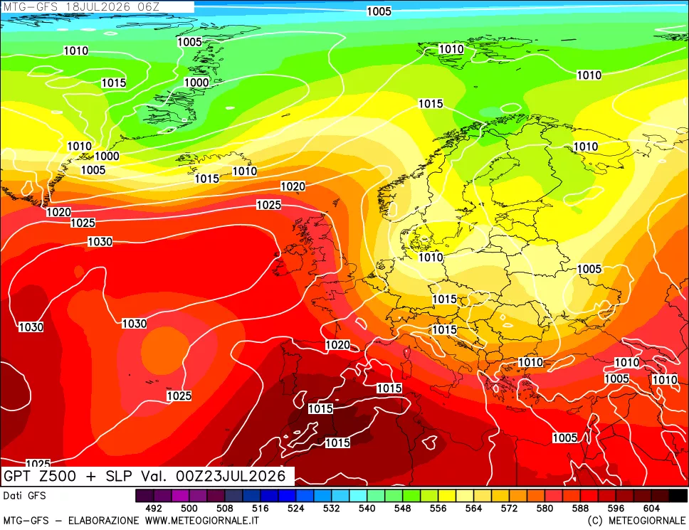 mappa GFS: Geopotenziale a 500 hPa + Pressione sul livello del mare